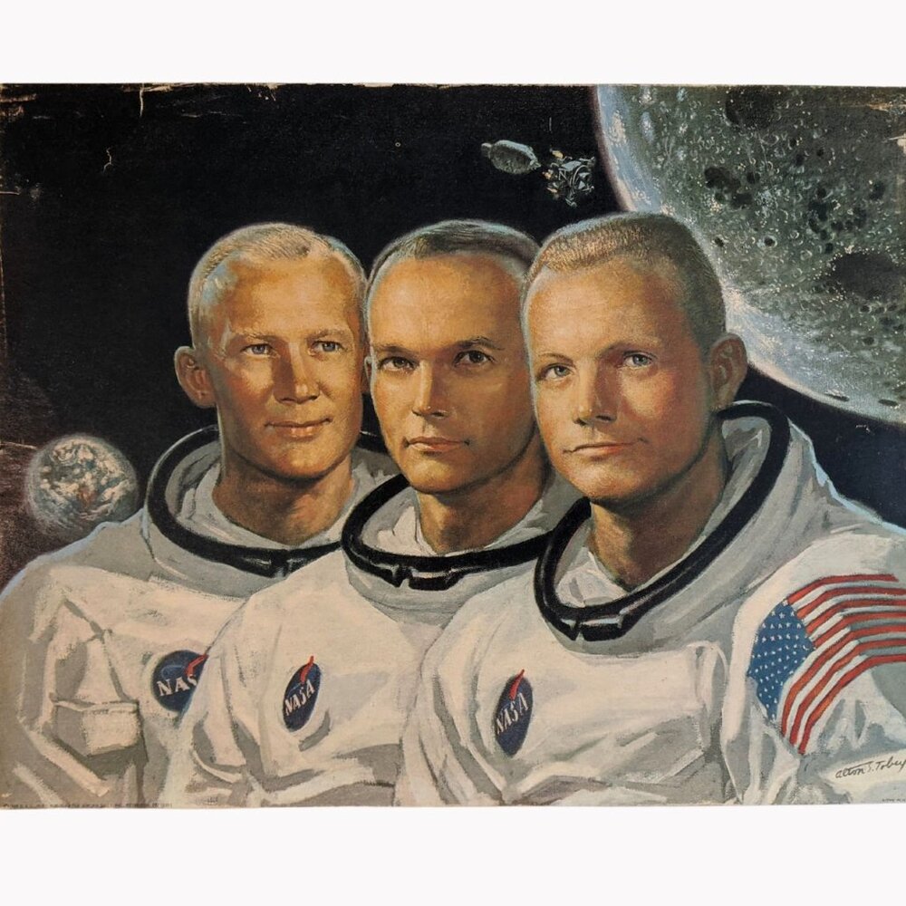 Vintage 1969 framed lithograph Armstrong Aldrin Collins July 1969 Apollo 11 Moon